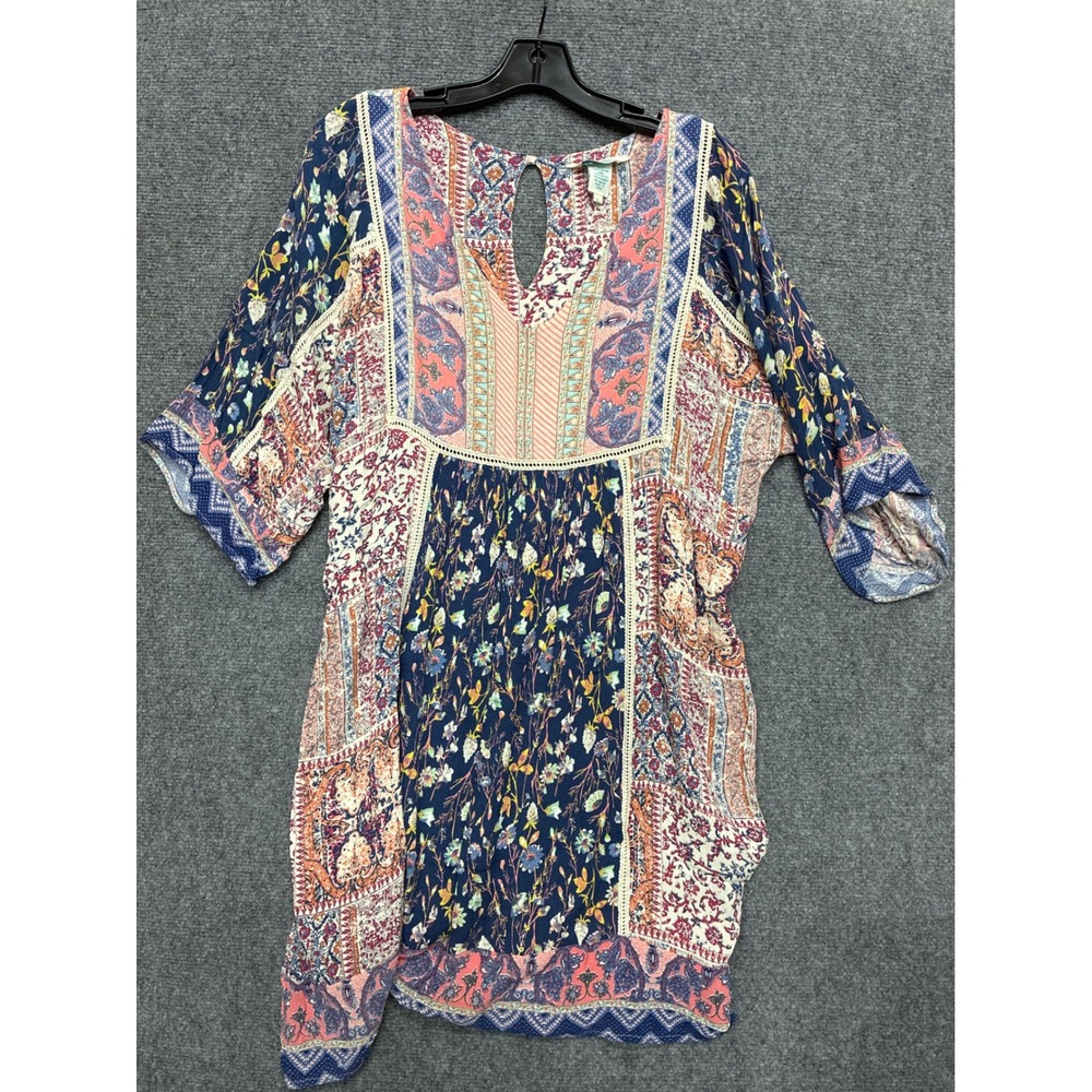 Sundance Mixed Print Boho Tunic Dress Blue Coral Floral Lace Trim Large
